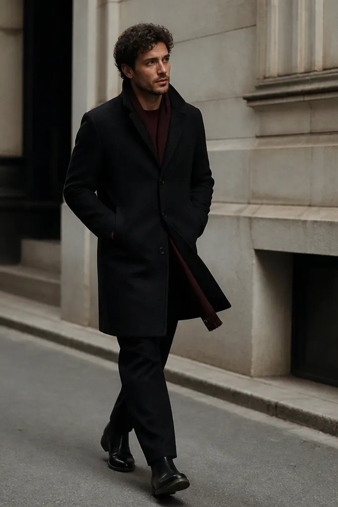 A moody street photo: black linen pants, a burgundy long-sleeve tee, and a black wool topcoat buttoned. Shoes are black leather Chelsea boots; a burgundy scarf peeks out.