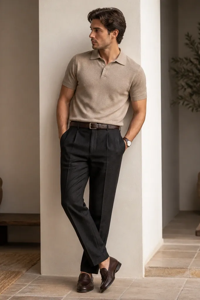 Outfit photo: black linen pants, a tan knit polo shirt worn with the collar down, an espresso leather belt, and loafers in dark brown. A light watch is visible.
