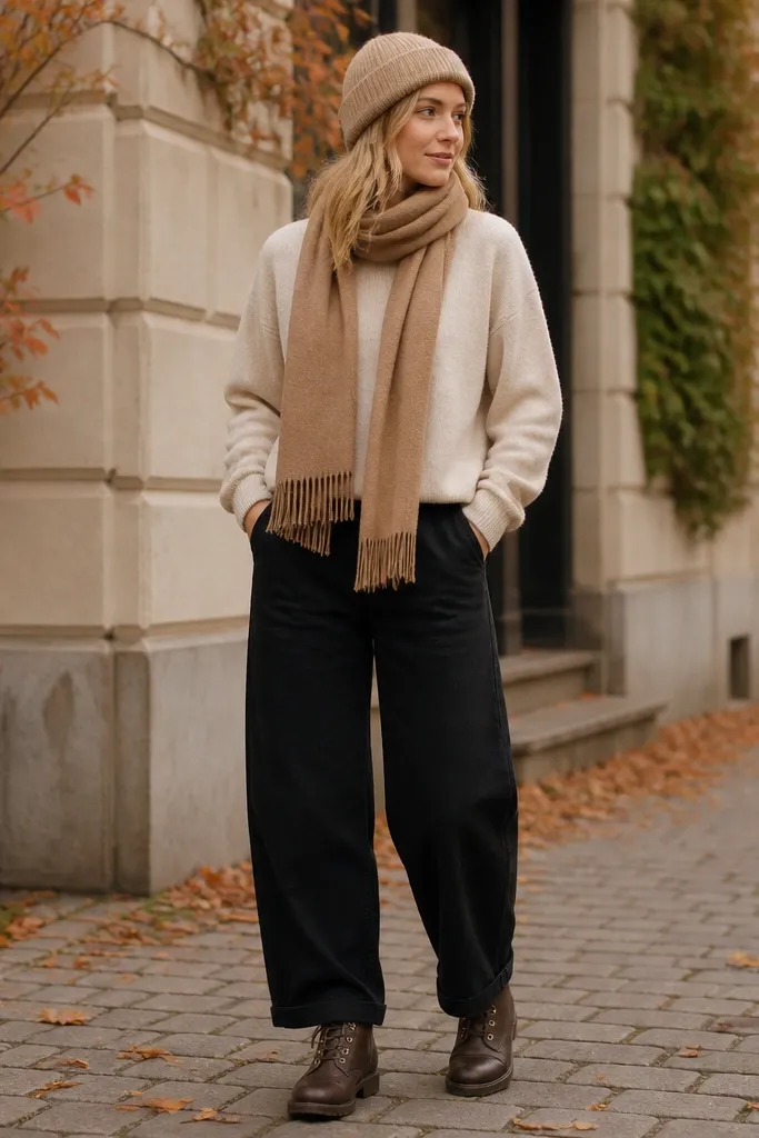 Cozy fall look: black linen pants, an oatmeal sweatshirt with a slightly dropped shoulder, a camel scarf wrapped once at the neck, and dark brown lace-up boots. A knit beanie is optional.