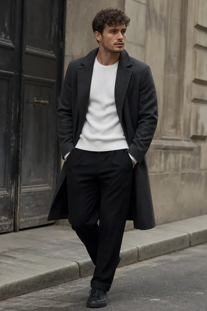 Street style photo: black linen pants, a white thermal crew top visible at the neck and wrists, a charcoal overcoat worn open, and black low-top sneakers. Minimal accessories.