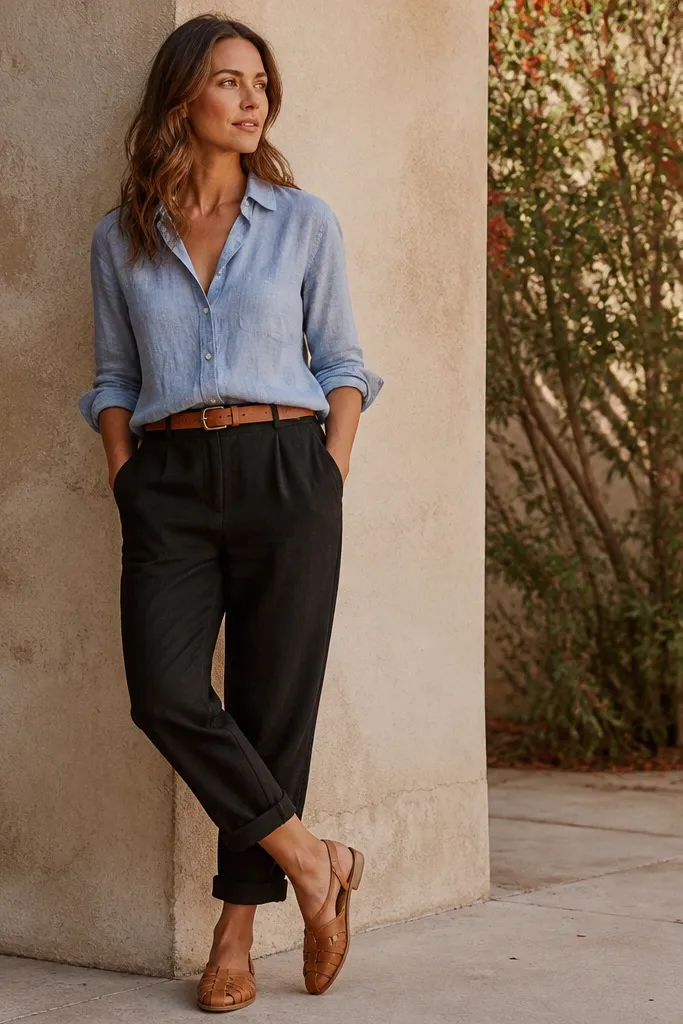 A warm-weather fall look: black linen pants rolled to ankle length, a light blue chambray shirt slightly unbuttoned, tan belt, and tan leather sandals with a closed toe.
