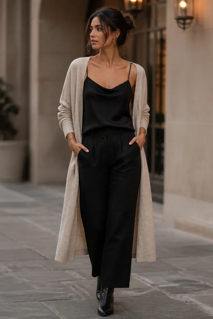 A layered evening look: black linen pants, a black satin camisole with thin straps, and a long oatmeal cardigan worn open. Shoes are black heeled ankle boots.