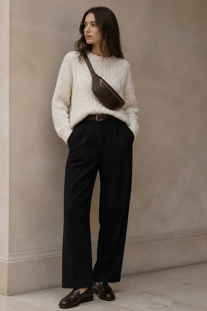 Outfit photo: black linen pants, a cream cable-knit sweater worn tucked at the front, and a dark brown belt bag worn across the waist. Shoes are dark loafers.