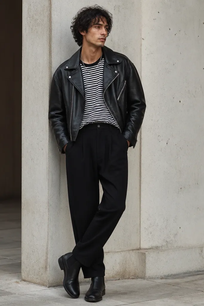 A sharp, edgy photo: black linen pants, a black-and-white striped t-shirt tucked into the front, and a black leather biker jacket. Footwear is black Chelsea boots; a silver chain necklace is visible.