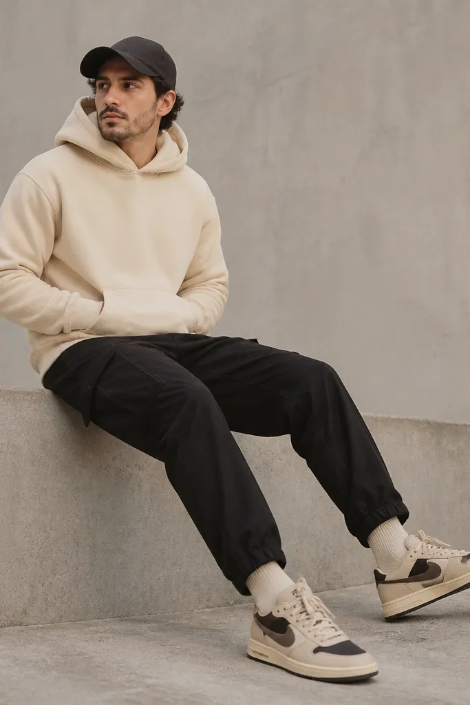 A man in a cream pullover hoodie and black cargo pants, wearing Travis Scott-style sneakers with a light sail/cream upper and dark sole. He has light socks matching the shoe midsole and a black baseball cap.