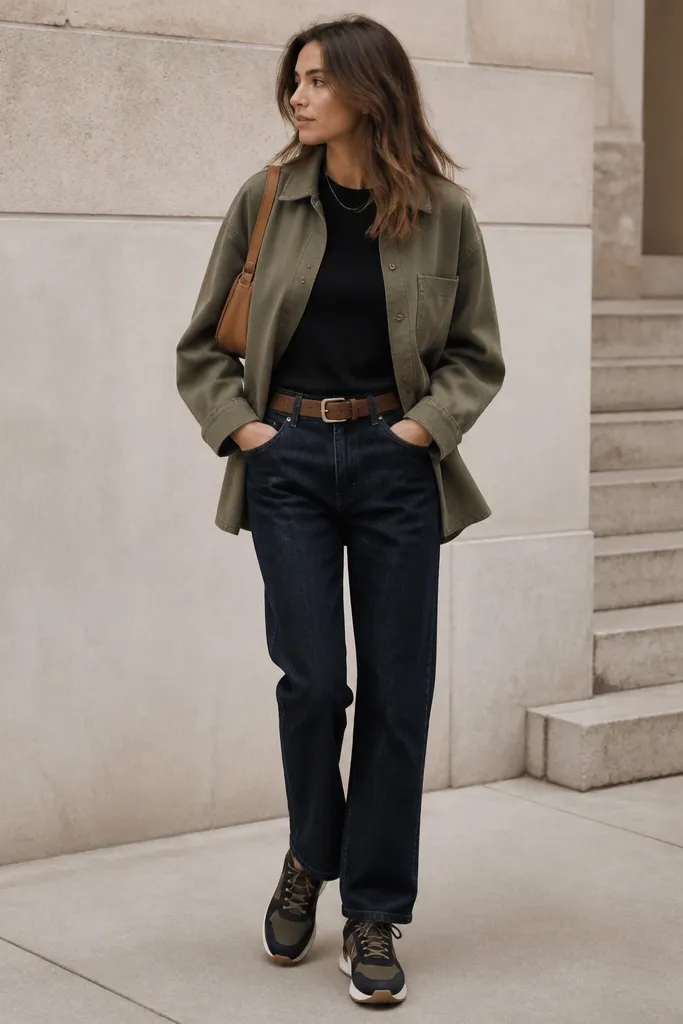 A woman wearing an olive overshirt over a black tee, dark indigo jeans, a brown leather belt, and Travis Scott sneakers with brown and black details. She carries a small shoulder bag in tan.