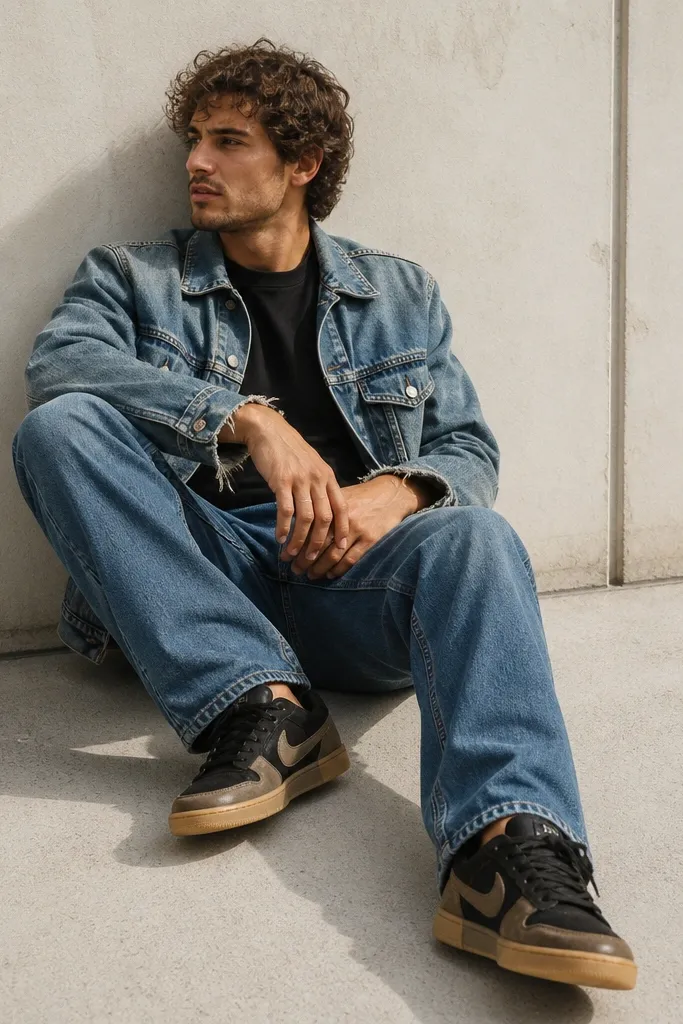 A man wearing a black crew tee, a washed blue denim jacket with slightly frayed cuffs, and blue jeans. He wears Travis Scott-style sneakers with a gum or tan sole and darker uppers.