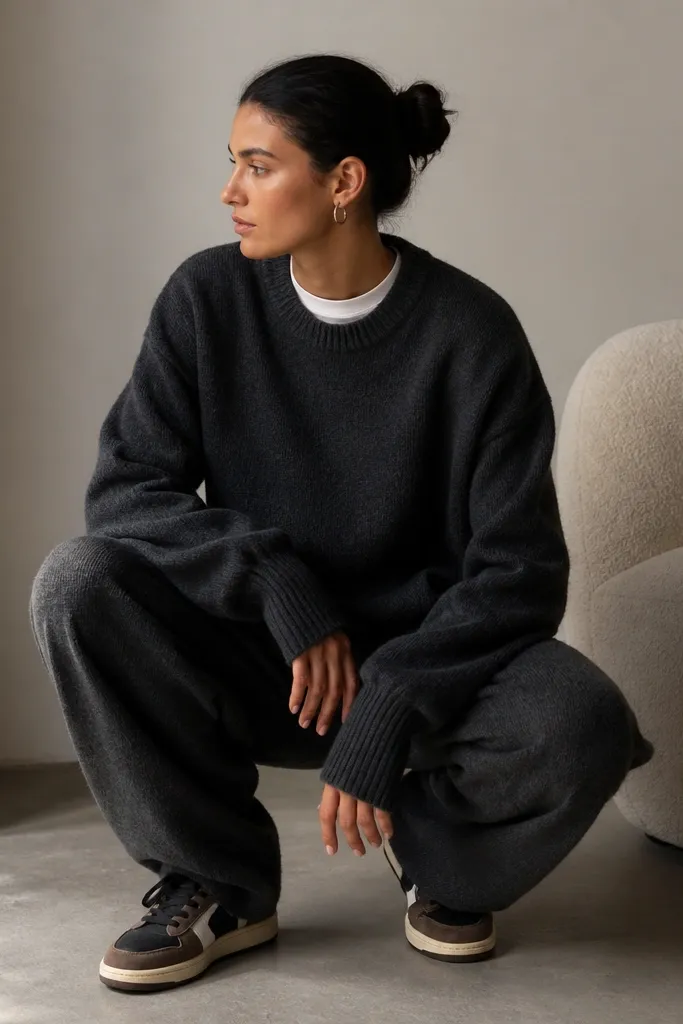 A woman in a charcoal knit sweater and matching knit pants, wearing Travis Scott sneakers with black and neutral tones. A white crew tee peeks at the neckline and she has a silver hoop earring.