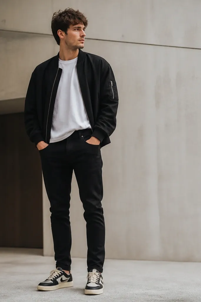 A man in an oversized white t-shirt tucked slightly at the front, a black bomber jacket, and black slim jeans. He wears Travis Scott sneakers with cream laces and a light midsole.