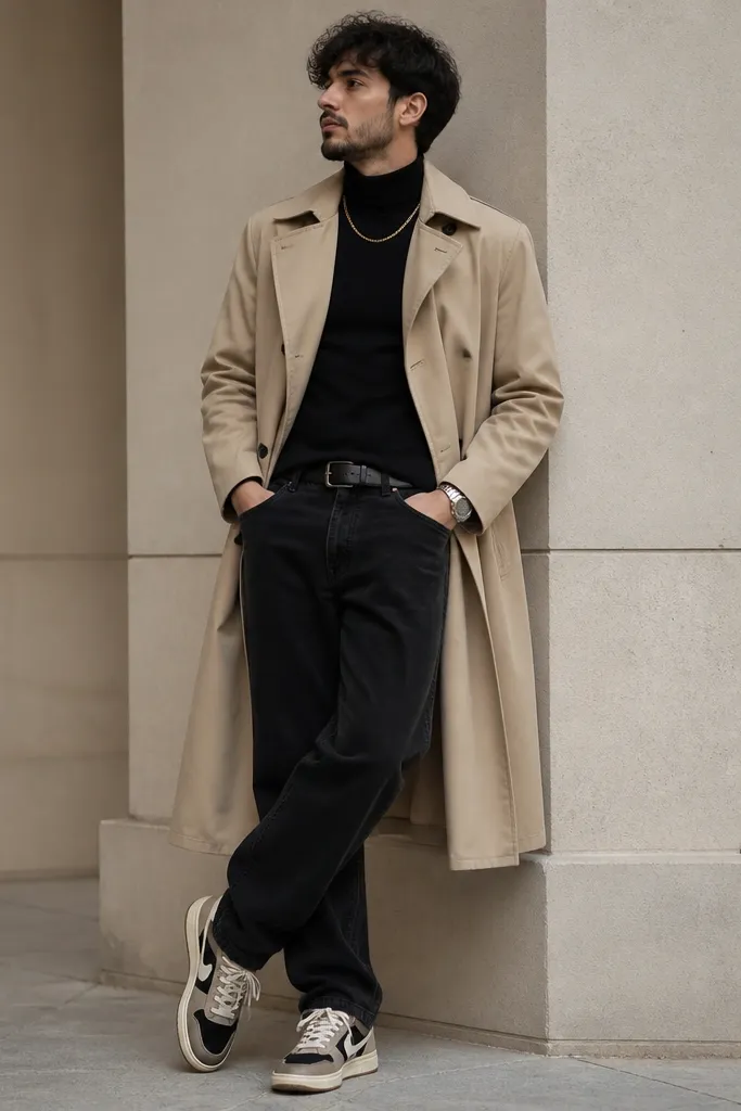 A man in a sand beige trench coat over a black turtleneck, wearing black straight jeans and Travis Scott sneakers with neutral and dark tones. He has a thin gold chain and a watch.