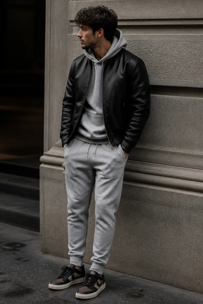 A man wearing a black leather jacket over a grey hoodie, paired with grey tapered sweatpants. He wears Travis Scott sneakers with dark uppers and a light sole.