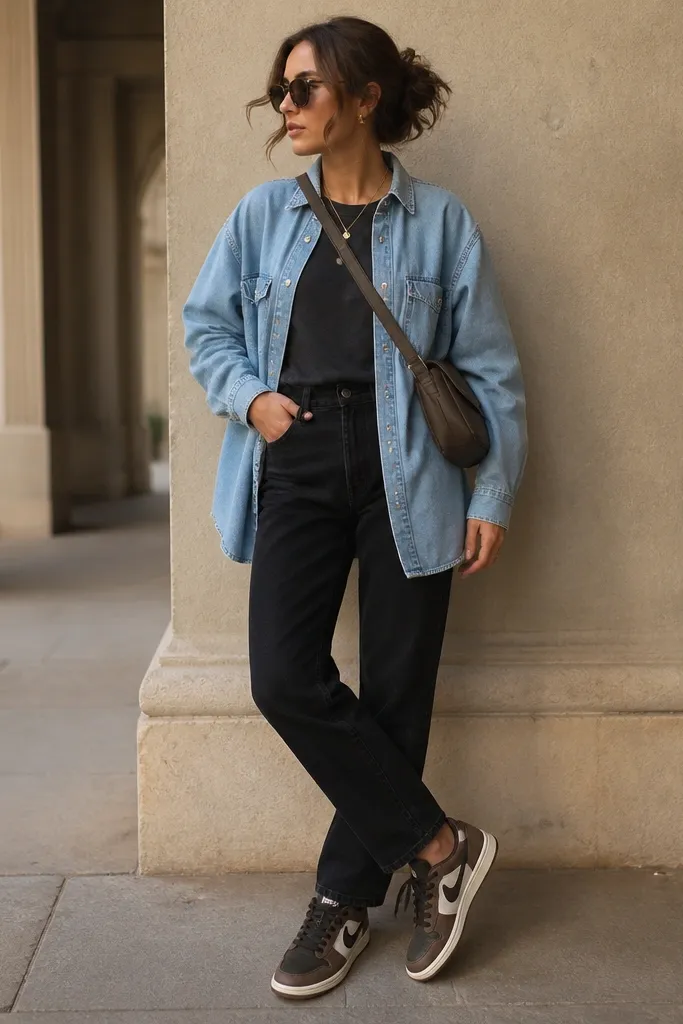 A woman in a light blue denim button-up worn open over a dark tee, with black jeans. She wears Travis Scott sneakers with brown and black detailing and a brown crossbody bag.