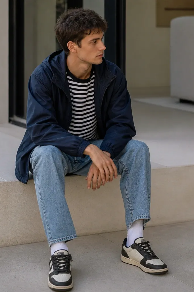 A man wearing a black-and-white striped tee under a navy windbreaker, with light blue jeans. He wears Travis Scott sneakers with light midsoles and dark accents, plus white socks.