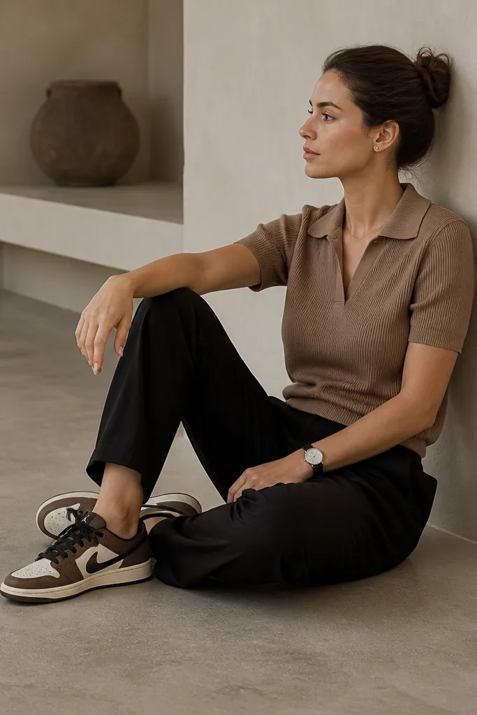 A woman in a brown knit polo shirt with short sleeves, black tailored trousers, and Travis Scott sneakers with brown and neutral tones. She wears a simple watch and small stud earrings.