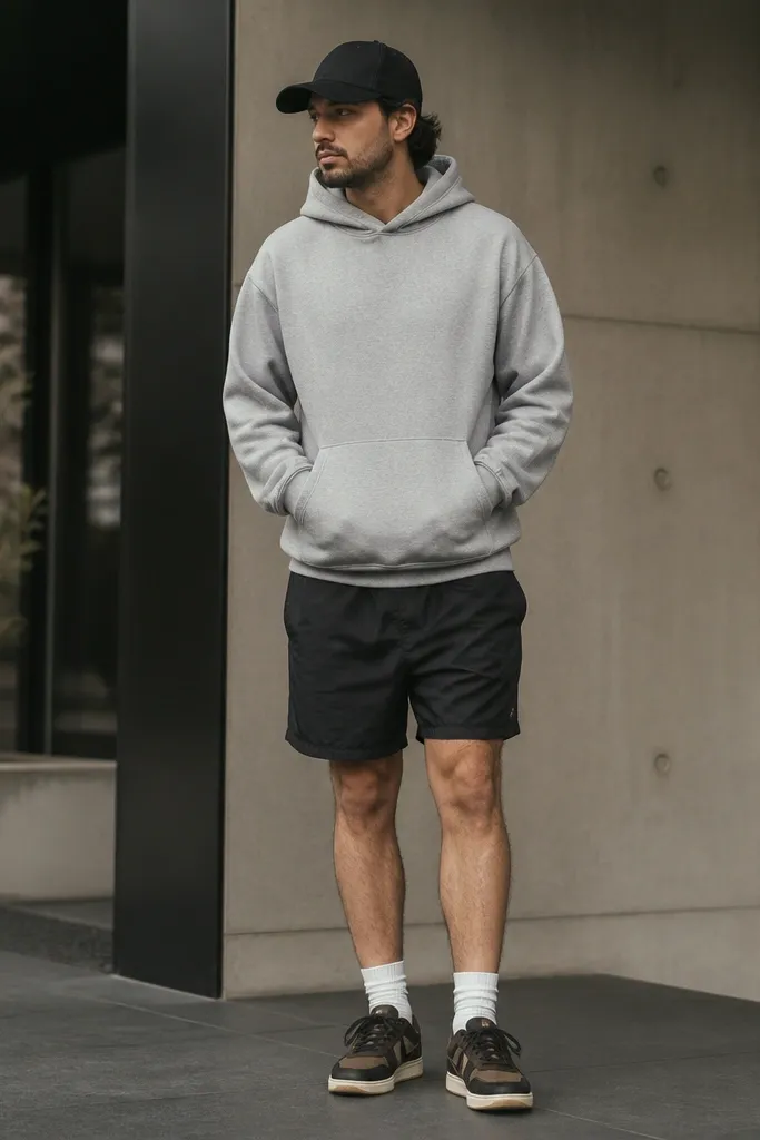 A man wearing a grey hoodie and black nylon shorts, with a black cap and Travis Scott sneakers. The sneakers have dark uppers and a light sole.