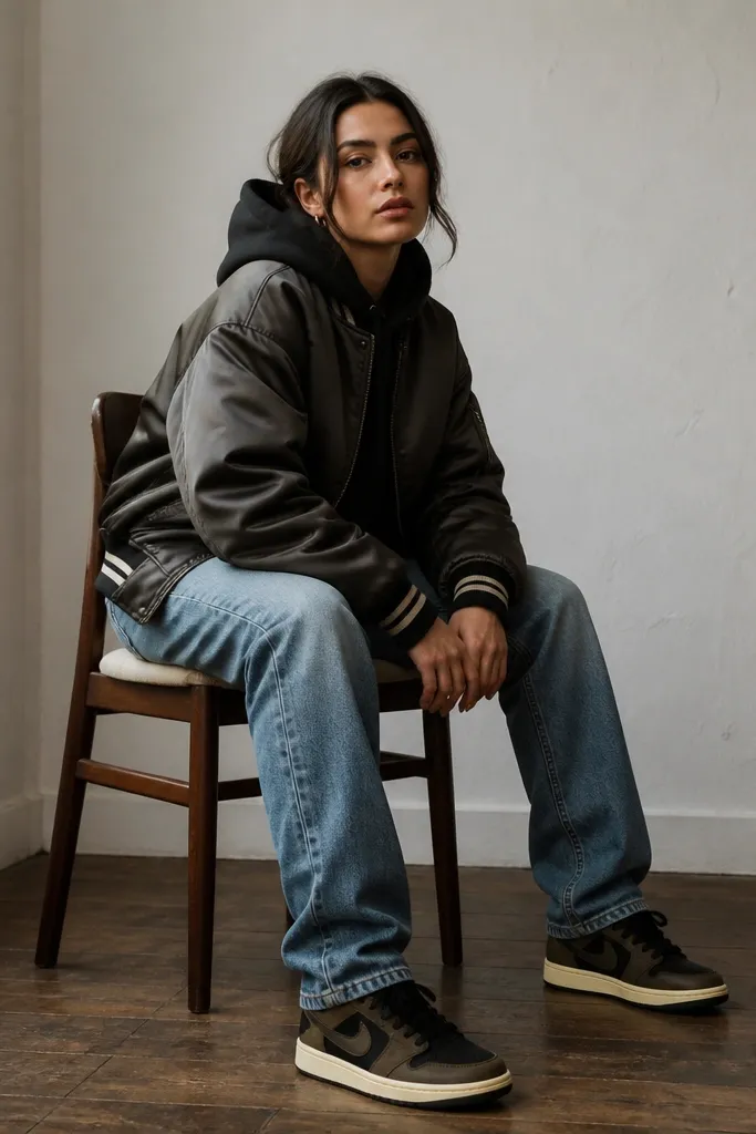 A woman wearing a black hoodie under a satin bomber with varsity stripes, paired with mid-wash jeans. She wears Travis Scott sneakers with dark uppers and a tan sole.