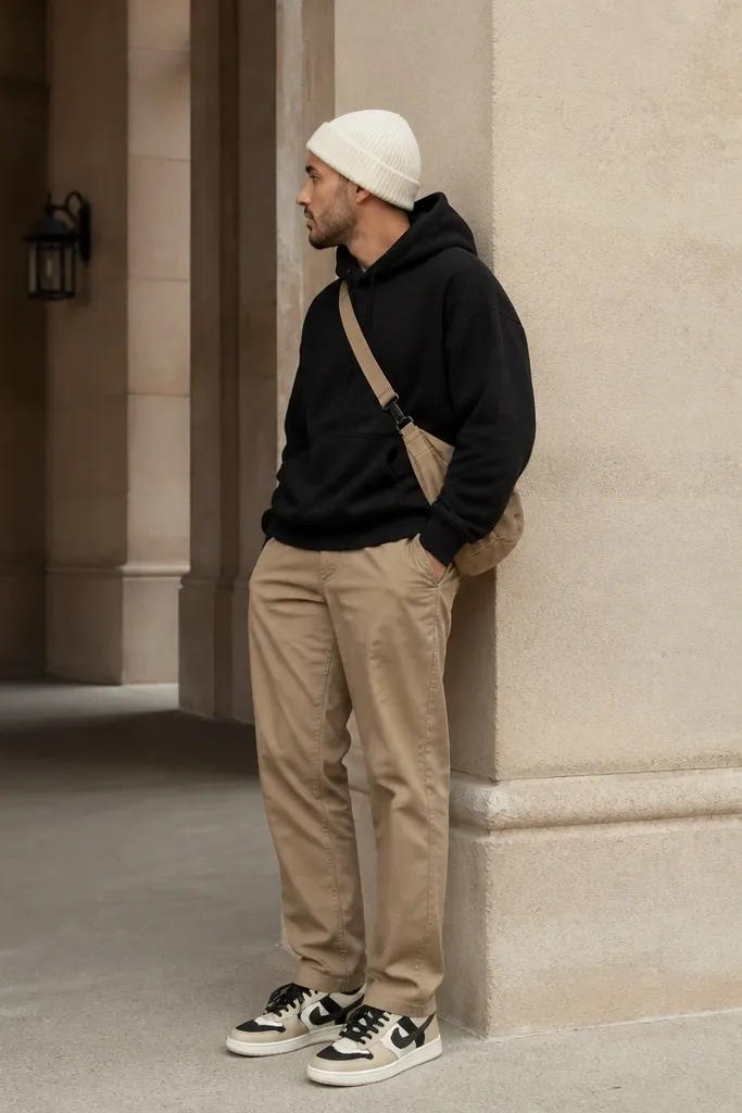 A man wearing a black hoodie, tan chinos, and a cream knit beanie. He has Travis Scott sneakers with cream and dark accents and a small tan shoulder bag.