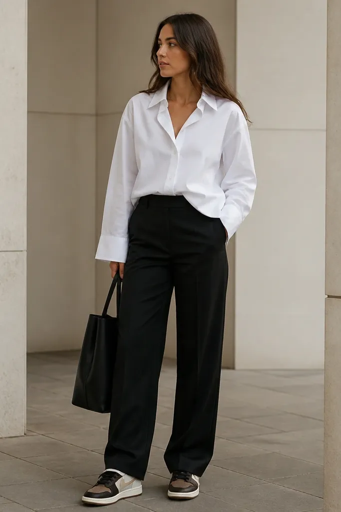A woman in a crisp white button-up shirt worn slightly loose, black trousers, and Travis Scott sneakers. The sneakers have brown and black accents; she carries a black tote.