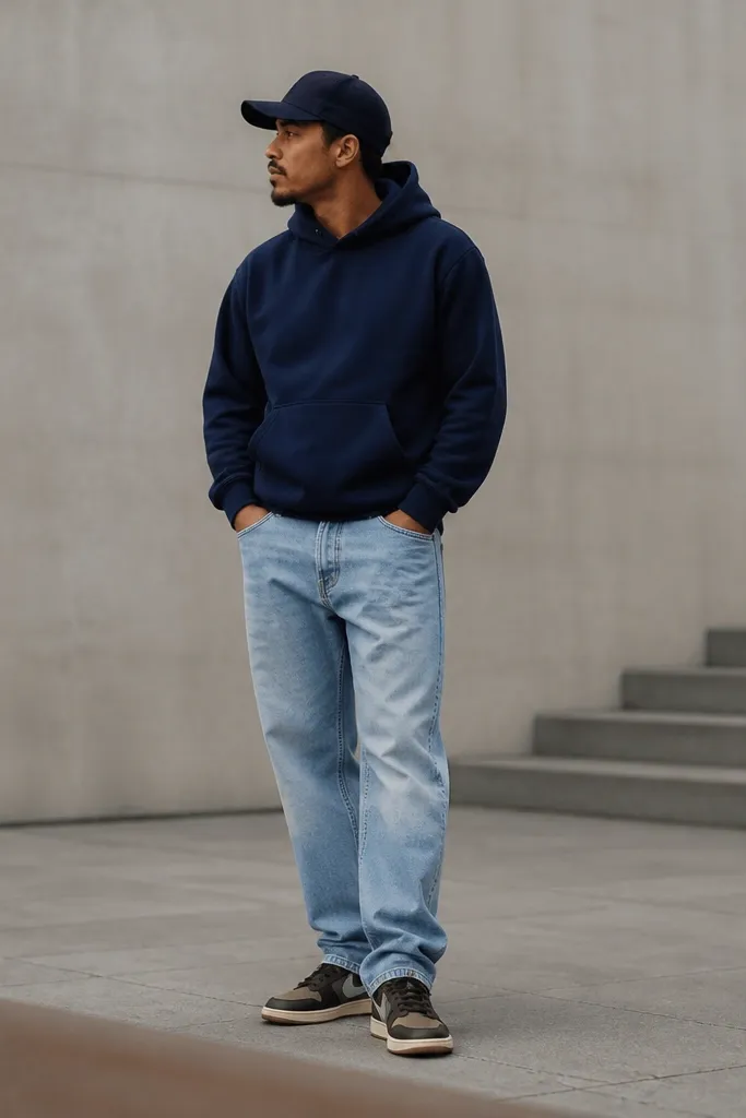 A man wearing a navy hoodie and light wash jeans, plus a dark cap. He wears Travis Scott sneakers with dark uppers and lighter midsoles.