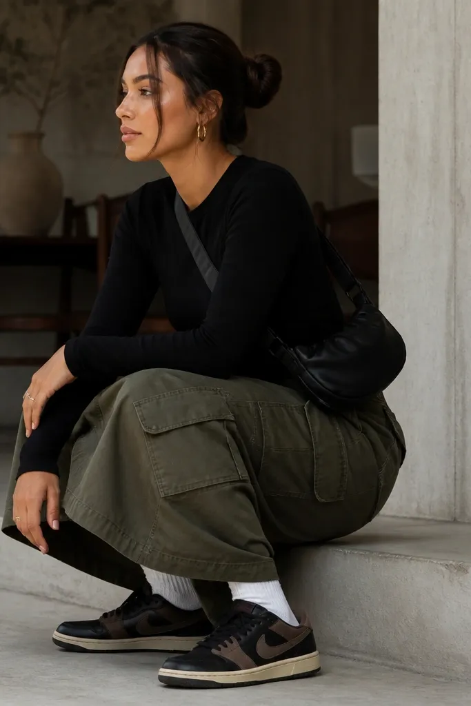 A woman in a black long-sleeve tee paired with olive cargo pants or a cargo skirt, wearing Travis Scott sneakers with brown-black details. She has a crossbody bag in black.