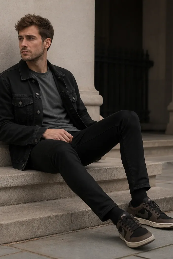 A man in a grey t-shirt, black denim jacket, and black jeans. He wears Travis Scott sneakers with dark uppers and a lighter sole. Socks match the black jeans.