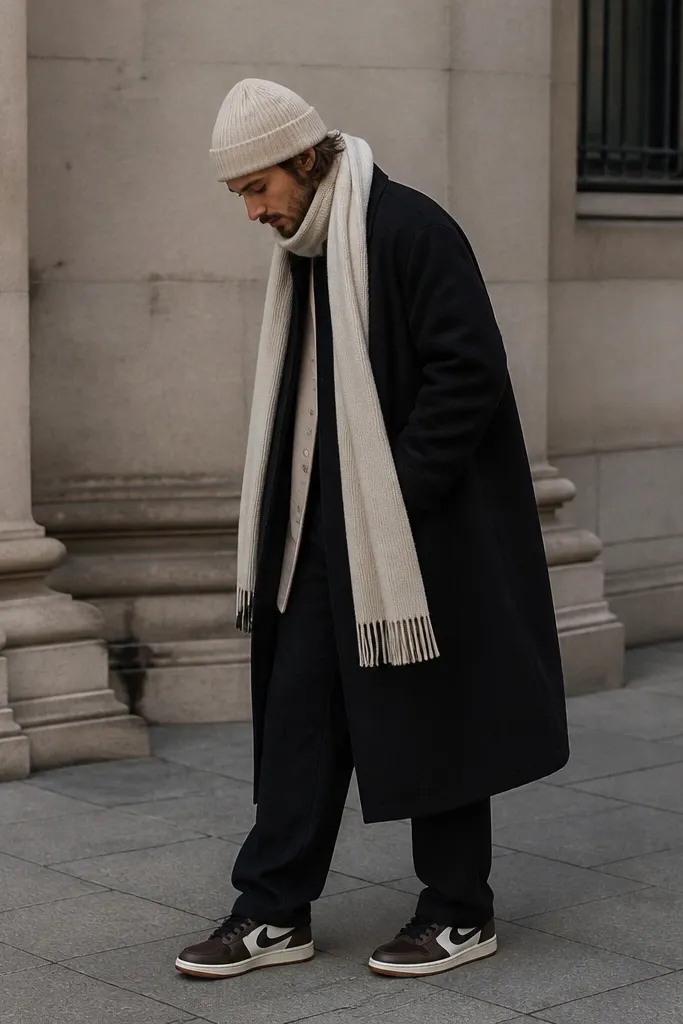 A man wearing a black long coat over layers of cream and black, including a cream knit beanie. He wears Travis Scott sneakers with brown accents and a light sole; there's a scarf in cream.
