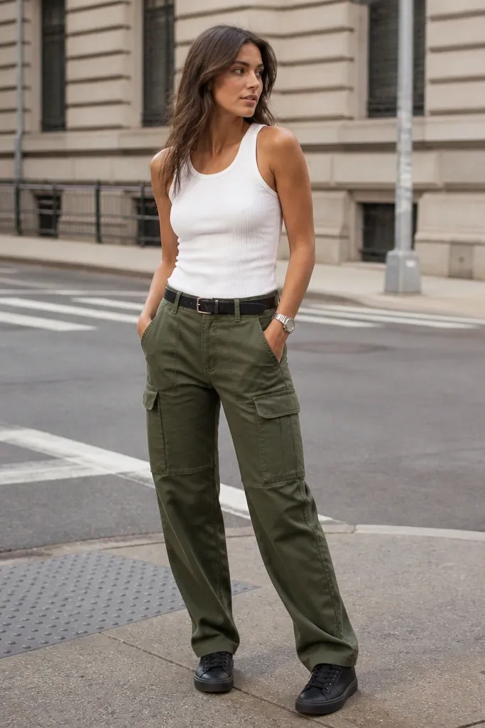 Model wearing army green cargo pants with a fitted white ribbed tank, black low-top sneakers, a thin black belt, and a silver watch; background is a street corner in daylight.