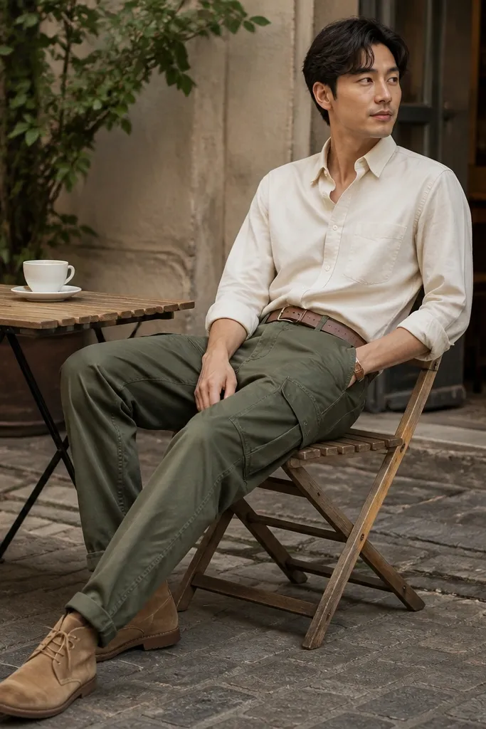 Person in cream oxford button-down with sleeves rolled once, army green cargo pants, tan suede chukka boots, and a brown leather belt; outdoor café setting.