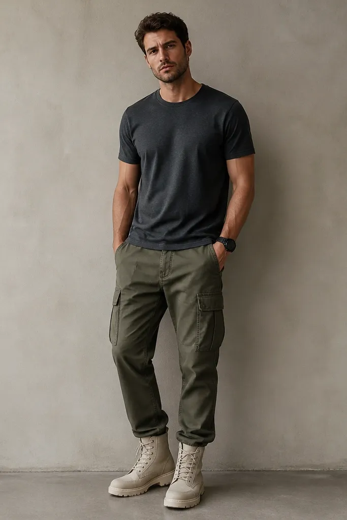 Model wearing charcoal graphic-free t-shirt, army green cargo pants, white desert boots, and a simple black watch; neutral background wall.