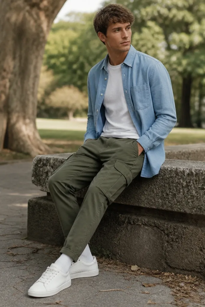 Model layered with light blue chambray overshirt worn open, army green cargos, white crew socks, and clean white sneakers; casual park background.