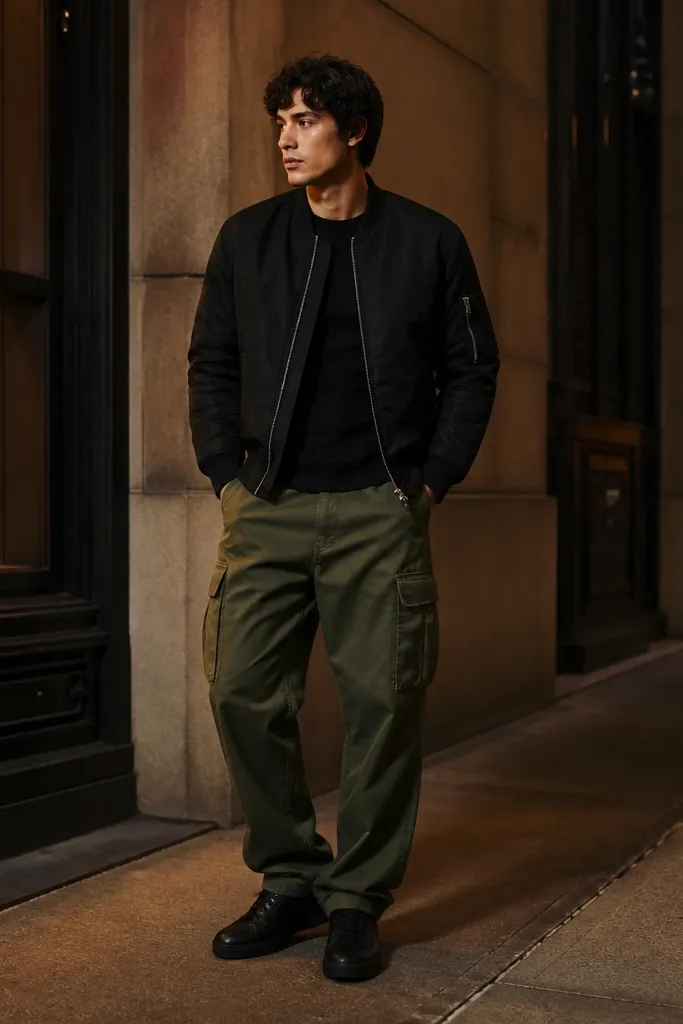 Person wearing a black bomber jacket, army green cargo pants, matte black sneakers, and a black tee; evening street lighting.