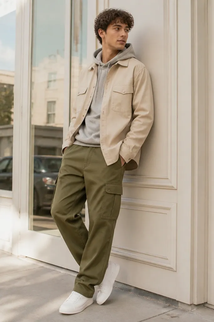 Model wearing gray hoodie under a beige overshirt, army green cargo pants, and white sneakers; bright daylight near storefront windows.