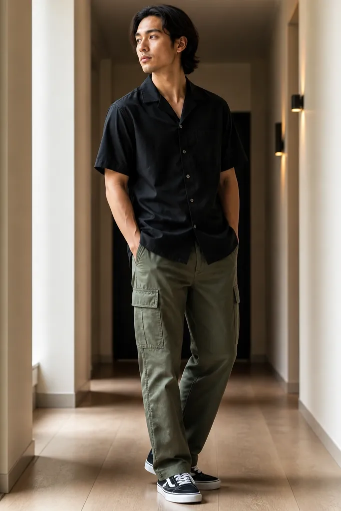 Person in black short-sleeve button-up shirt, army green cargo pants, and black-and-white sneakers; indoor hallway lighting.