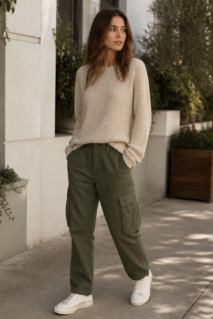 Model wearing a sand knit sweater, army green cargo pants, and white canvas sneakers; sidewalk scene with soft shadows.
