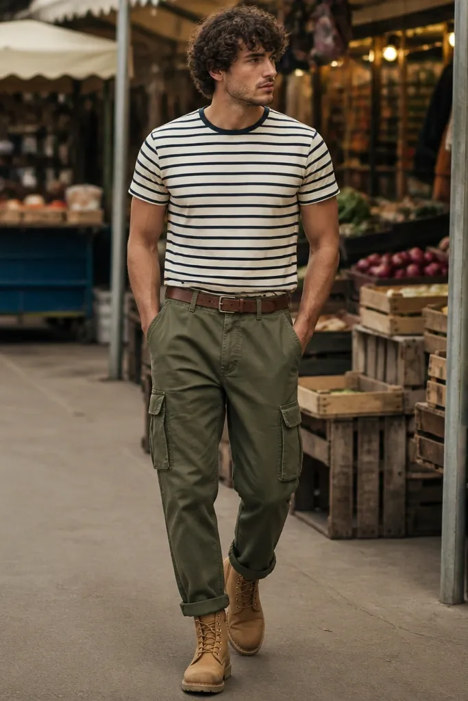 Person in cream-and-navy striped t-shirt, army green cargo pants, tan work boots, and a brown leather belt; outdoor market background.