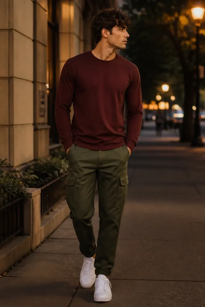 Model wearing burgundy long-sleeve tee, army green cargo pants, and clean white sneakers; evening sidewalk with warm street lights.