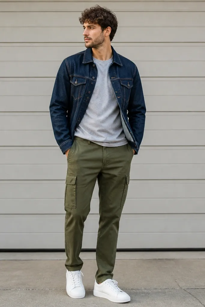 Person wearing a navy denim jacket worn open, light gray t-shirt, army green cargo pants, and white sneakers; standing in front of a garage door.
