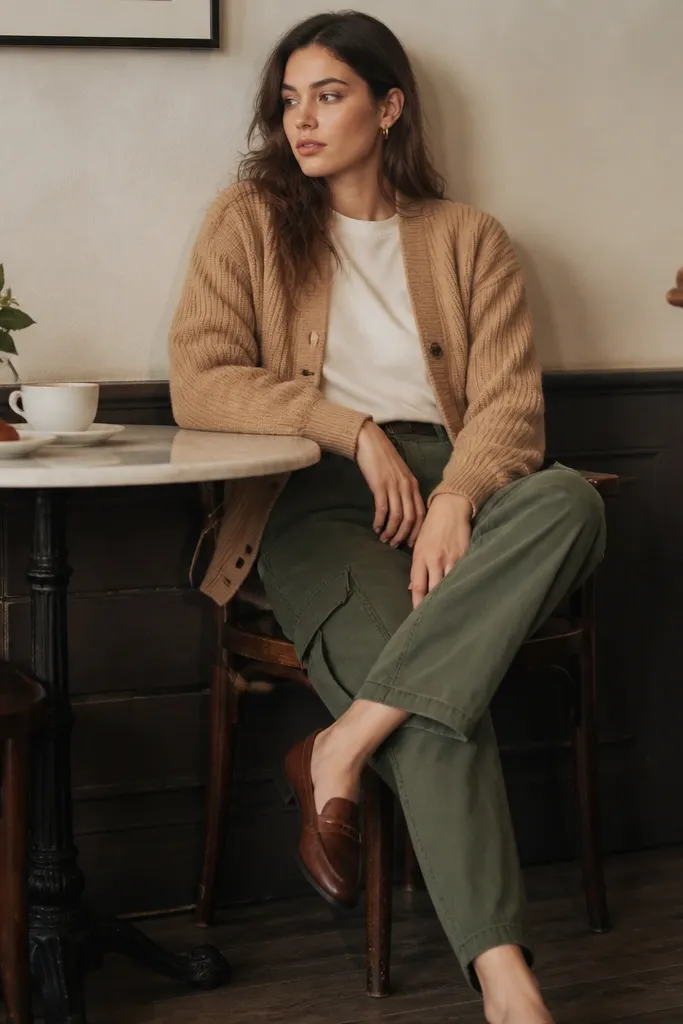 Model wearing a camel knit cardigan over a cream tee, army green cargo pants, and brown loafers; indoor cafe table scene.