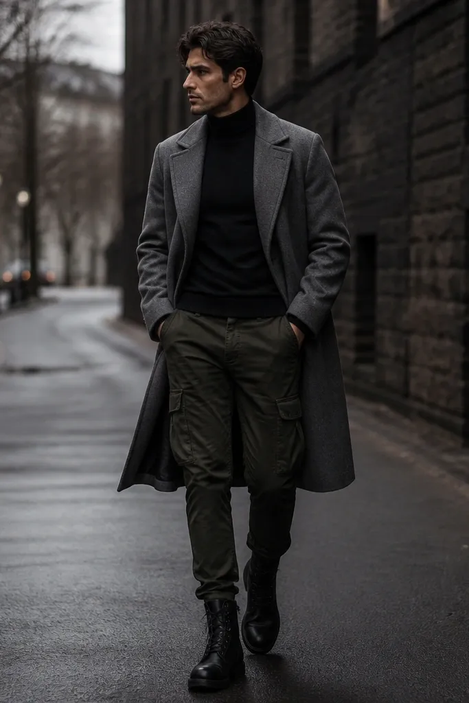 Person wearing a black turtleneck, army green cargo pants, and a mid-gray wool coat; dark winter street background and boots.