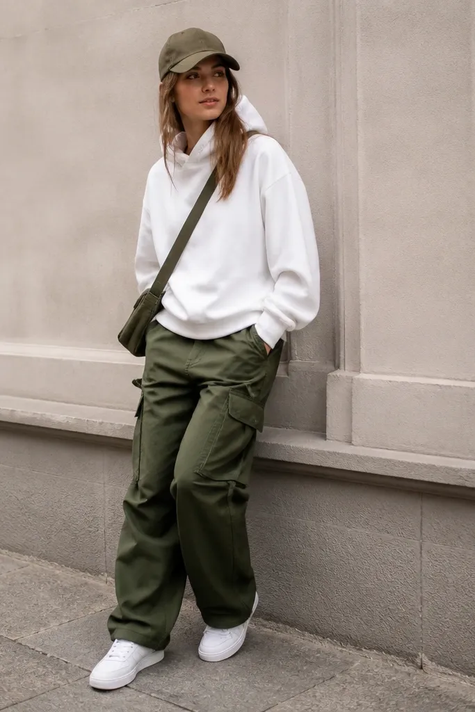 Model wearing a white hoodie, army green cargo pants, and an olive cap; white sneakers and a small crossbody bag.