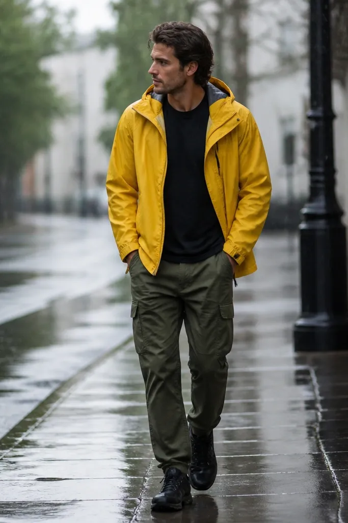 Person wearing a bright yellow rain shell over a black tee, army green cargo pants, and black trail sneakers; rainy street scene.