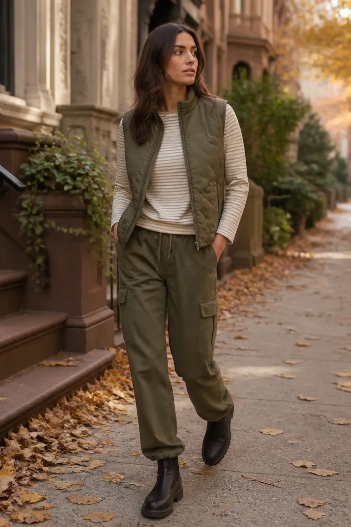 Model wearing an olive bomber vest over a cream-and-gray striped long-sleeve, army green cargo pants, and dark boots; autumn sidewalk.