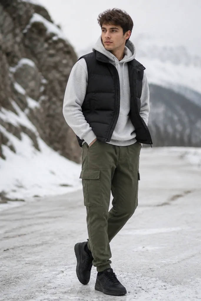 Person wearing light gray hoodie under a black puffer vest, army green cargo pants, and black sneakers; winter outdoor setting.