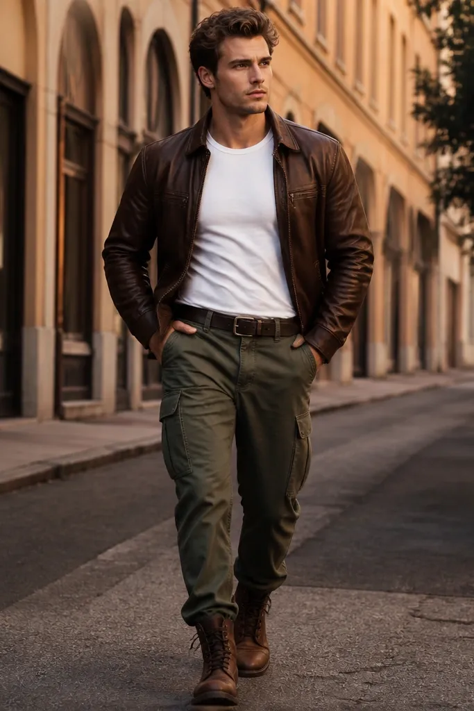 Model wearing a plain white t-shirt, army green cargo pants, a brown leather jacket, black leather belt, and brown boots; street with warm tones.