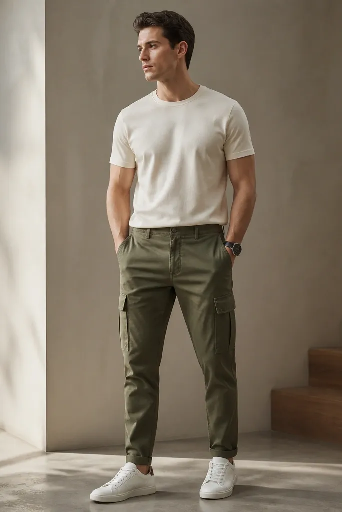 A man wearing army green cargo pants with a plain cream crew-neck T-shirt. He has clean white leather low-top sneakers and a simple black wristwatch. The pants sit at the natural waist, with the cargo pockets visible.