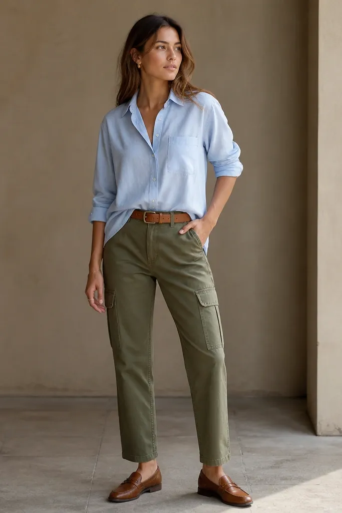 An outfit photo of army green cargo pants styled with a light blue button-down shirt. The shirt is half-tucked in front, sleeves rolled to mid-forearm, and a tan leather belt is visible. Brown loafers complete the look.