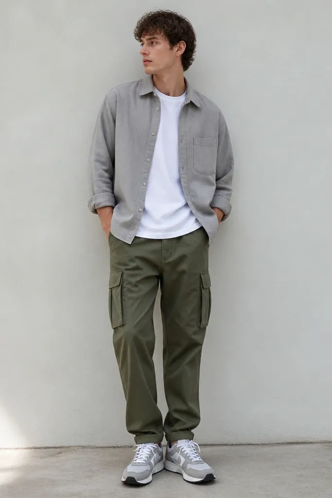 Army green cargo pants with a plain white T-shirt and a light gray overshirt. The overshirt is worn open, showing the tee. The shoes are gray-and-white sneakers.