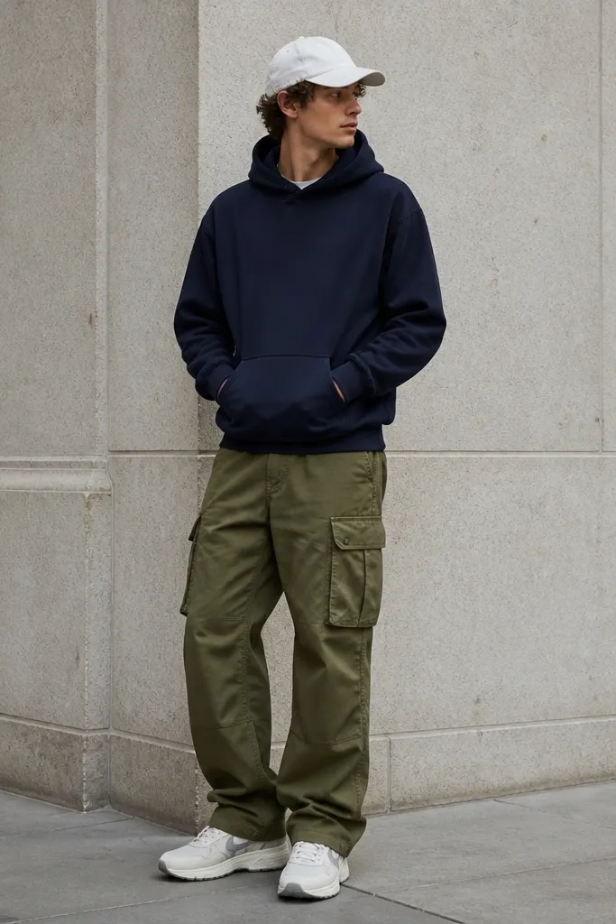 A casual streetwear look: army green cargo pants with a navy hoodie. A white baseball cap sits on the head and the sneakers are mostly white with gray accents. The hoodie is slightly oversized but not hanging past the hips.