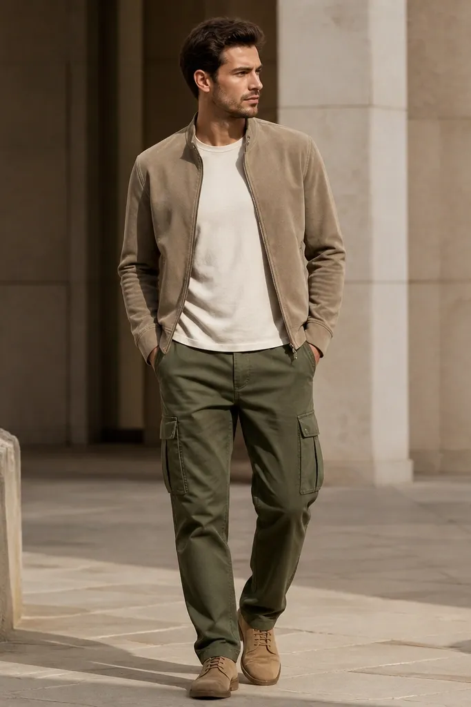 Army green cargo pants paired with an off-white T-shirt under a sand suede jacket. The jacket is unzipped and has a short, clean collar. The shoes look like tan suede boots.