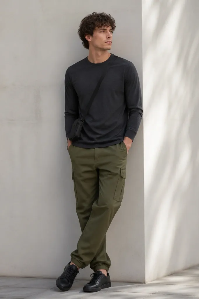Army green cargo pants styled with a charcoal long-sleeve shirt. The shirt is fitted at the wrists and the model wears black low-top sneakers. A small black crossbody bag is visible.